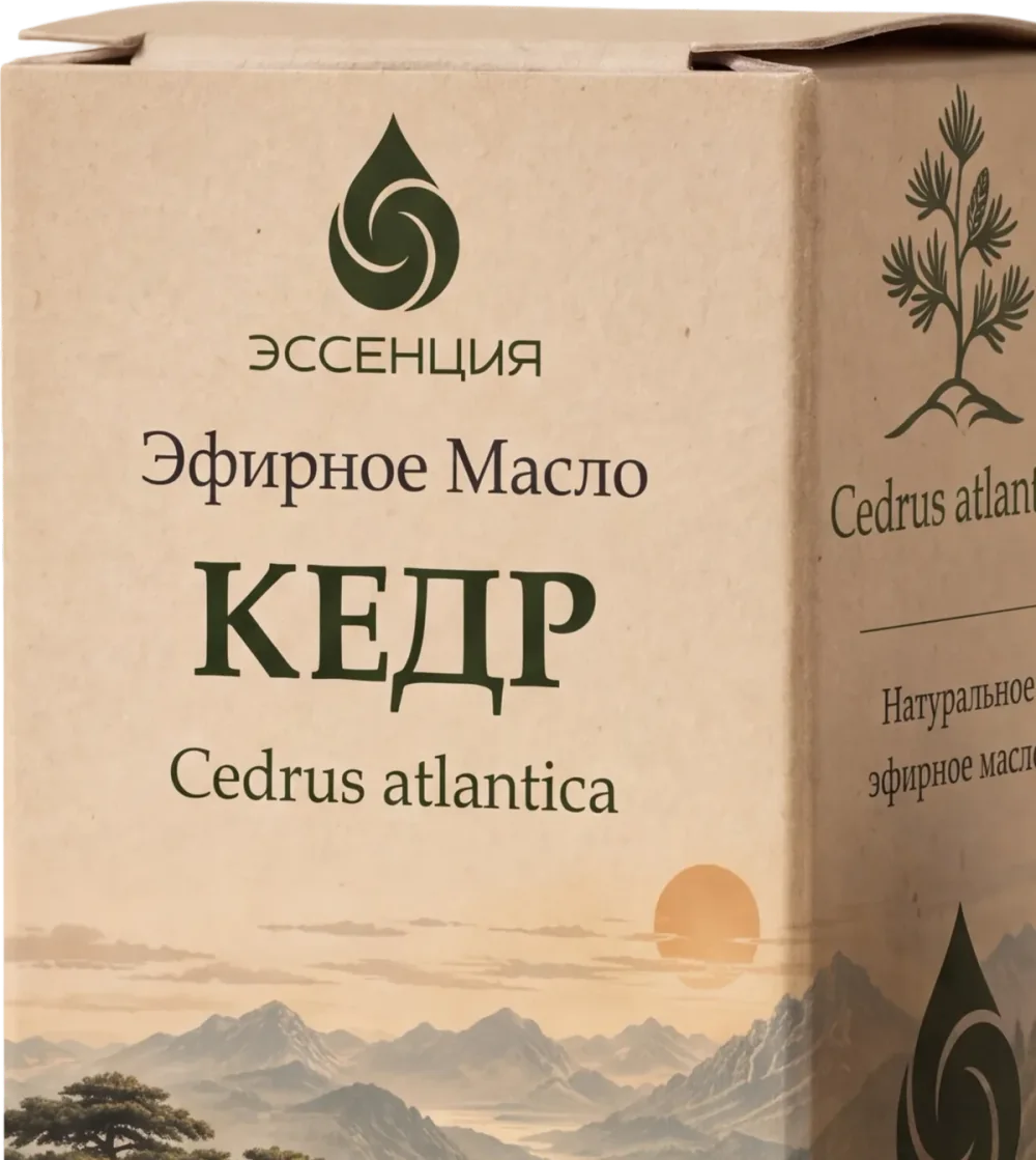Коробка эфирного масла Кедр крупно: лицевая сторона