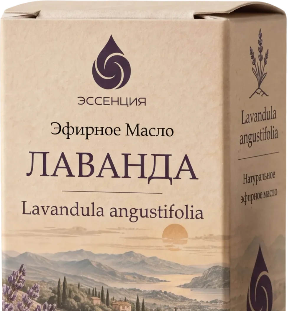 Коробка эфирного масла Лаванда крупно: лицевая сторона