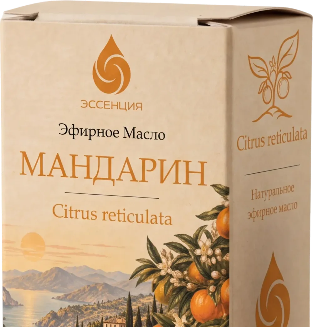 Коробка эфирного масла Мандарин крупно: лицевая сторона