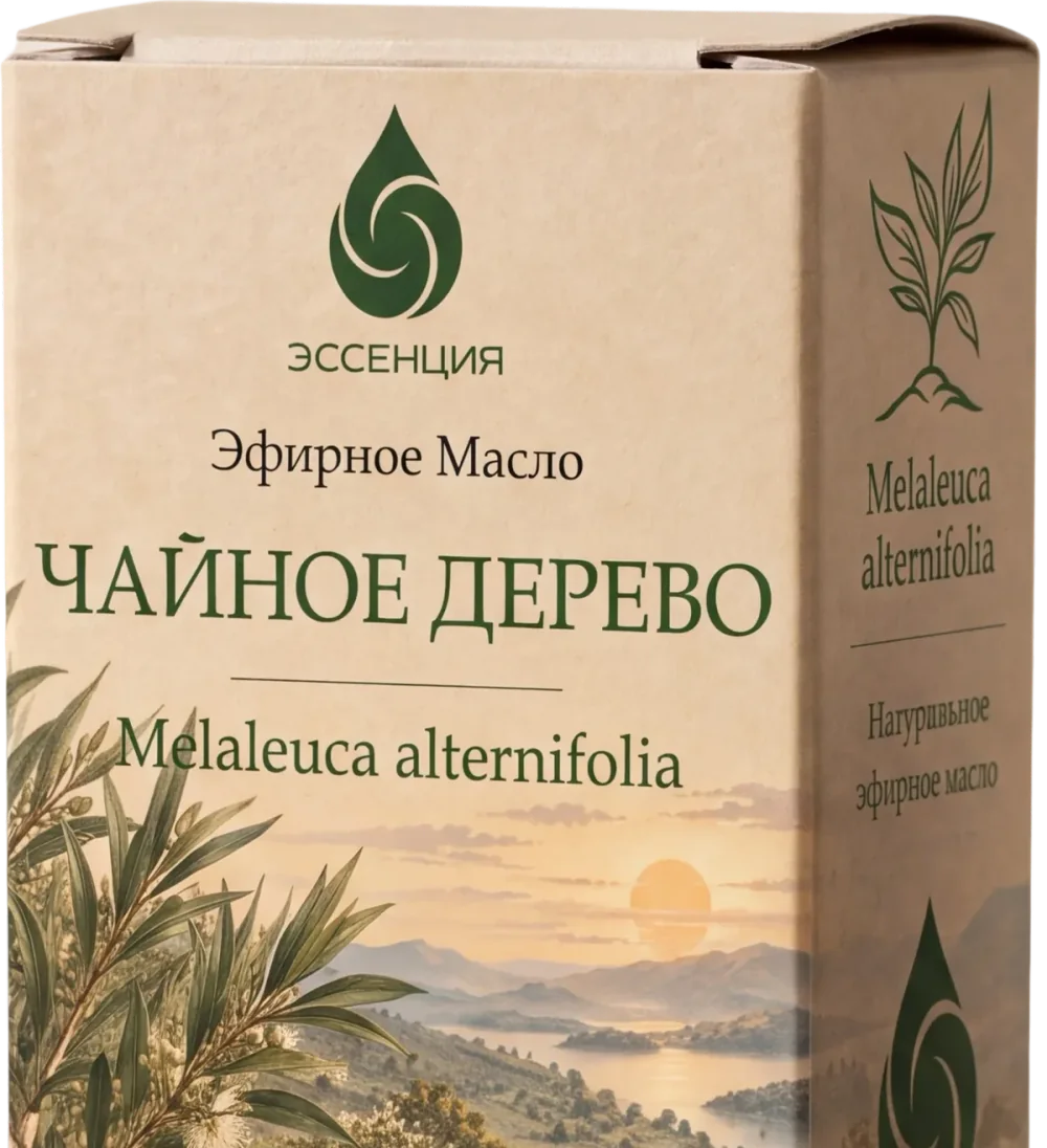 Коробка эфирного масла Чайное дерево крупно: лицевая сторона